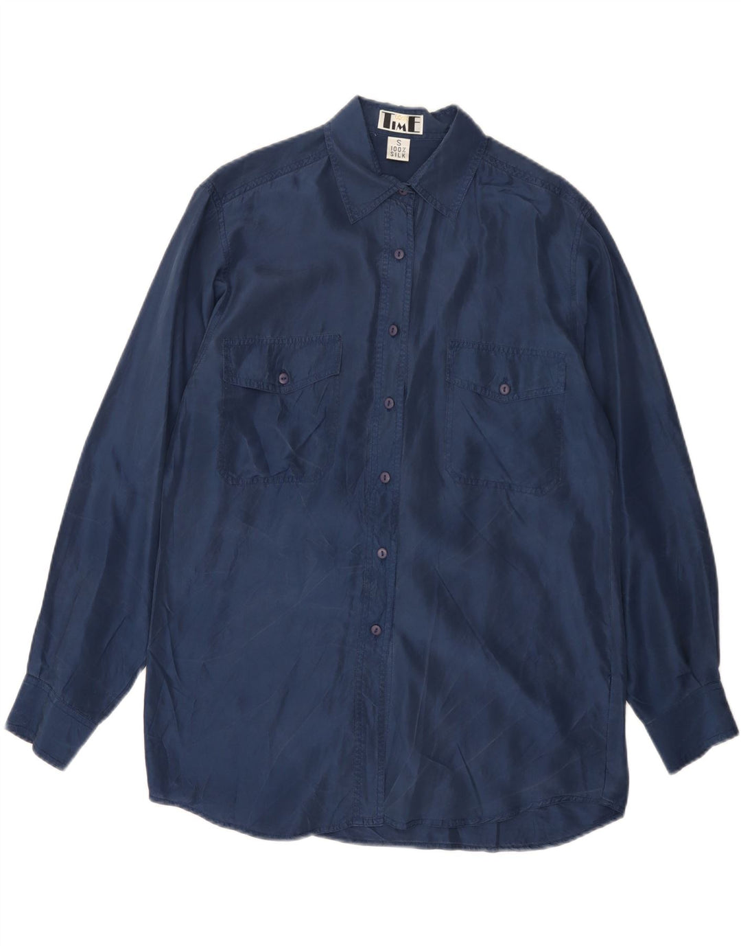 VINTAGE Γυναικείο πουκάμισο Oversized UK 10 Small Navy Blue Silk