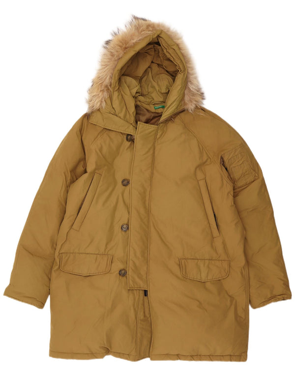 Benetton Mens Hooded Hooded Parka Jacket UK 42 XL Khaki Cotton Winter