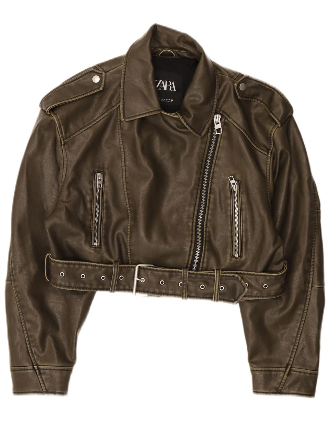 Zara Γυναικείο Μπουφάν Biker από Faux Leather UK 14 Medium Green Polyester