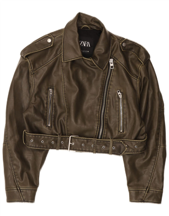 Zara Γυναικείο Μπουφάν Biker από Faux Leather UK 14 Medium Green Polyester