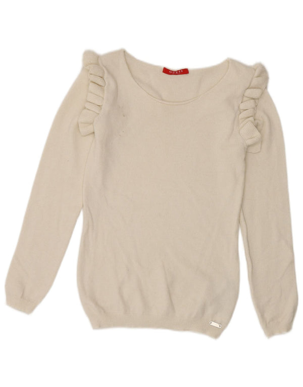 Guess Γυναικείο πουλόβερ με λαιμόκοψη βολάν UK 8 Small White Viscose