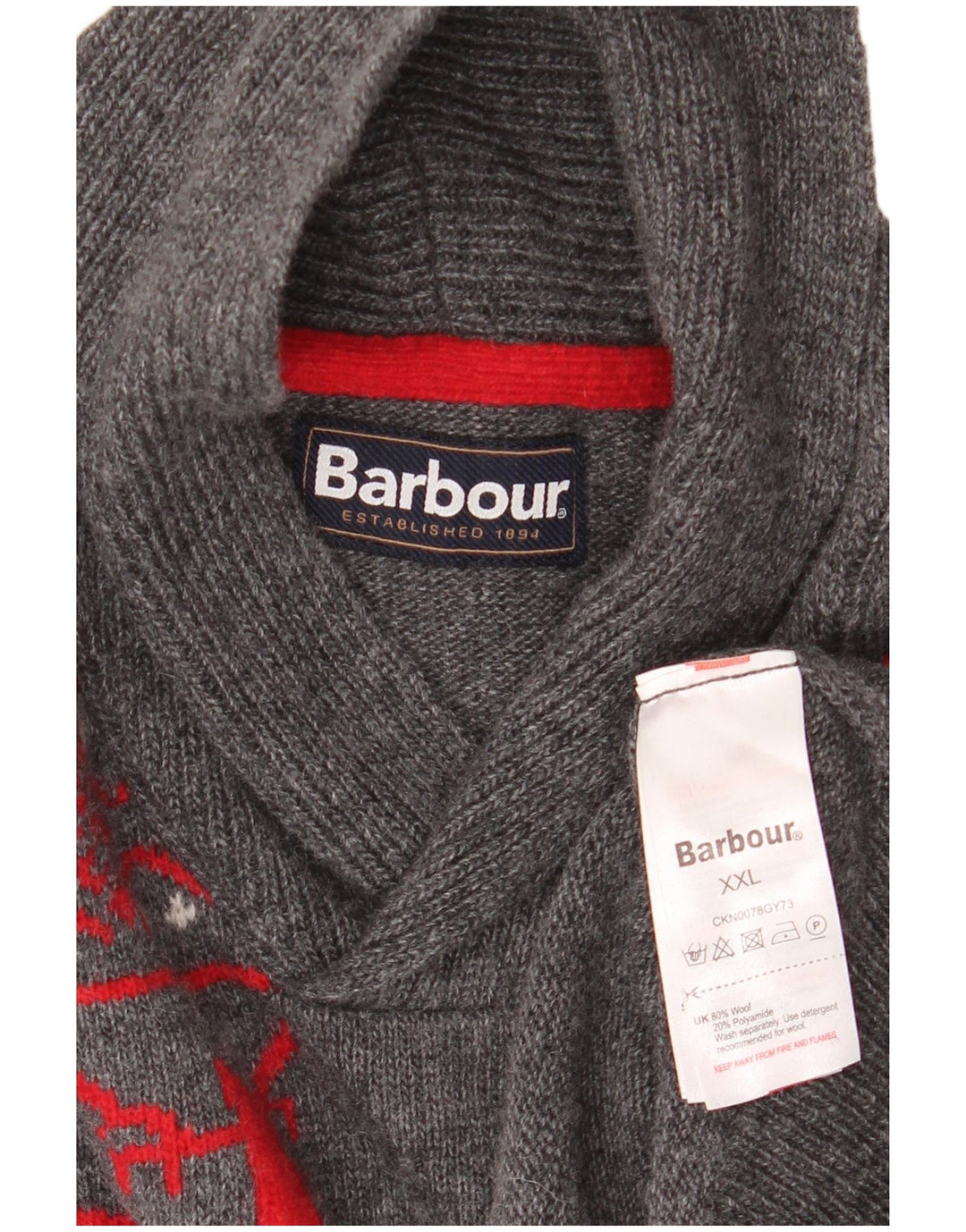 BARBOUR Boys Shawl Neck Jumper πουλόβερ 15-16 ετών 2XL Γκρι Fair Isle Wool