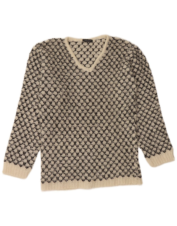 Vintage γυναικείο πουλόβερ με V λαιμόκοψη UK 14 Medium Off White γεωμετρικό