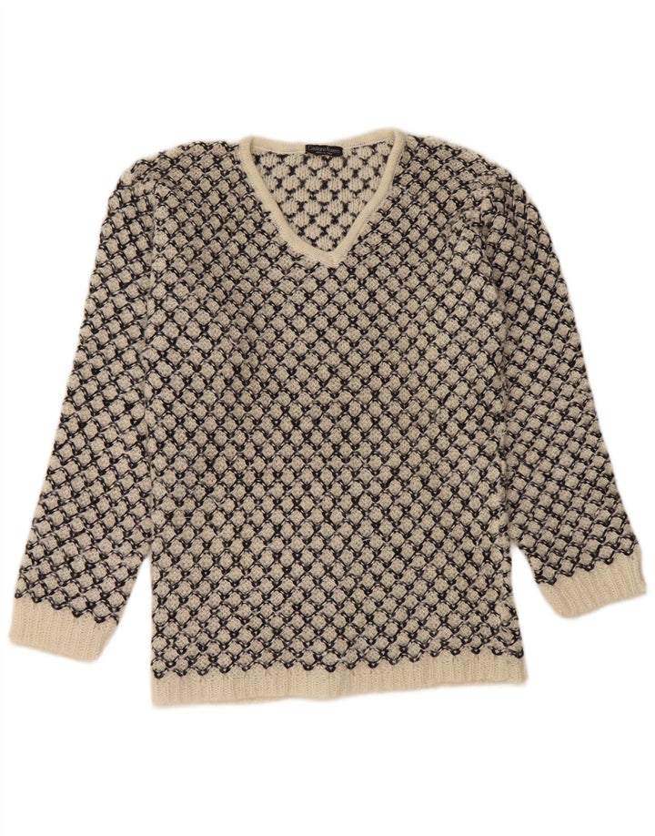 Vintage γυναικείο πουλόβερ με V λαιμόκοψη UK 14 Medium Off White γεωμετρικό