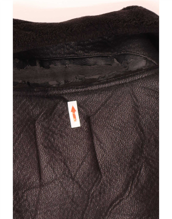 Zara Γυναικείο Faux Leather Sherpa Jacket UK 14 Medium Μαύρο Πολυουρεθάνη