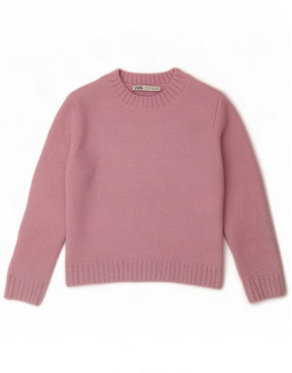 Zara Womens Crop 3/4 Sleeve Crew Neck Jumper πουλόβερ UK 10 Small Pink Nylon