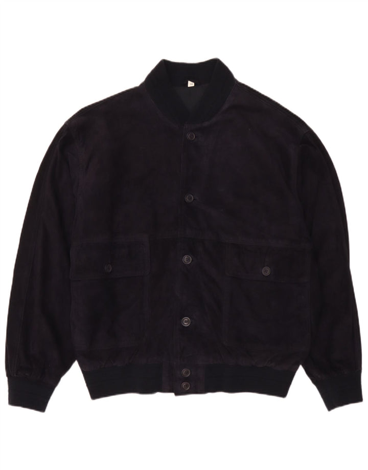 Vintage Ανδρικό Suede Bomber Jacket IT 50 Large Navy Blue Leather