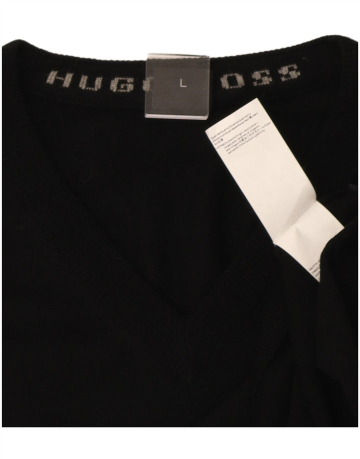 Ανδρικό πουλόβερ Hugo Boss με V λαιμόκοψη, μαύρο μάλλινο μεγάλο