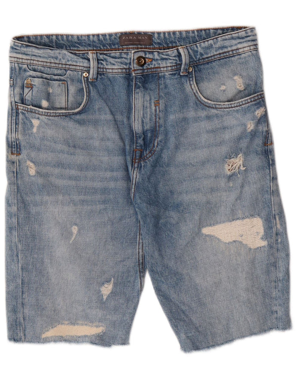 Zara Mens Distressed Denim Shorts EU 42 Large W32 Blue