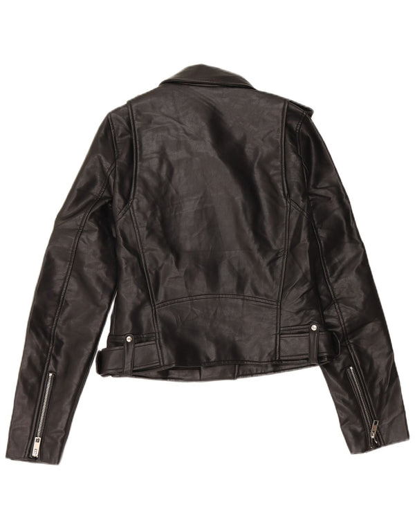 Zara Womens Crop Faux Leather Biker Jacket UK 6 XS Μαύρο Πολυουρεθάνη
