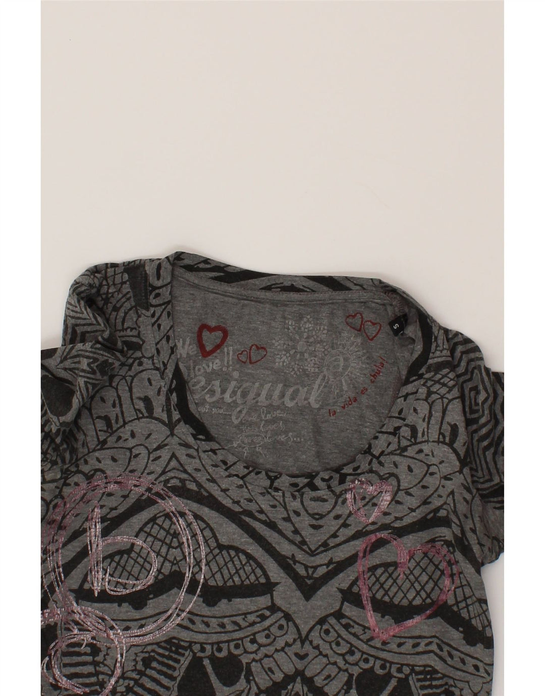DESIGUAL Womens Abstract Pattern Graphic Top Long Sleeve UK 10 Small Grey Vintage Desigual and Second-Hand Desigual from Messina Hembry 