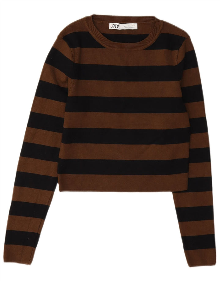 Zara Γυναικεία Μπλούζα Crop Top UK 14 Large Brown Ριγέ