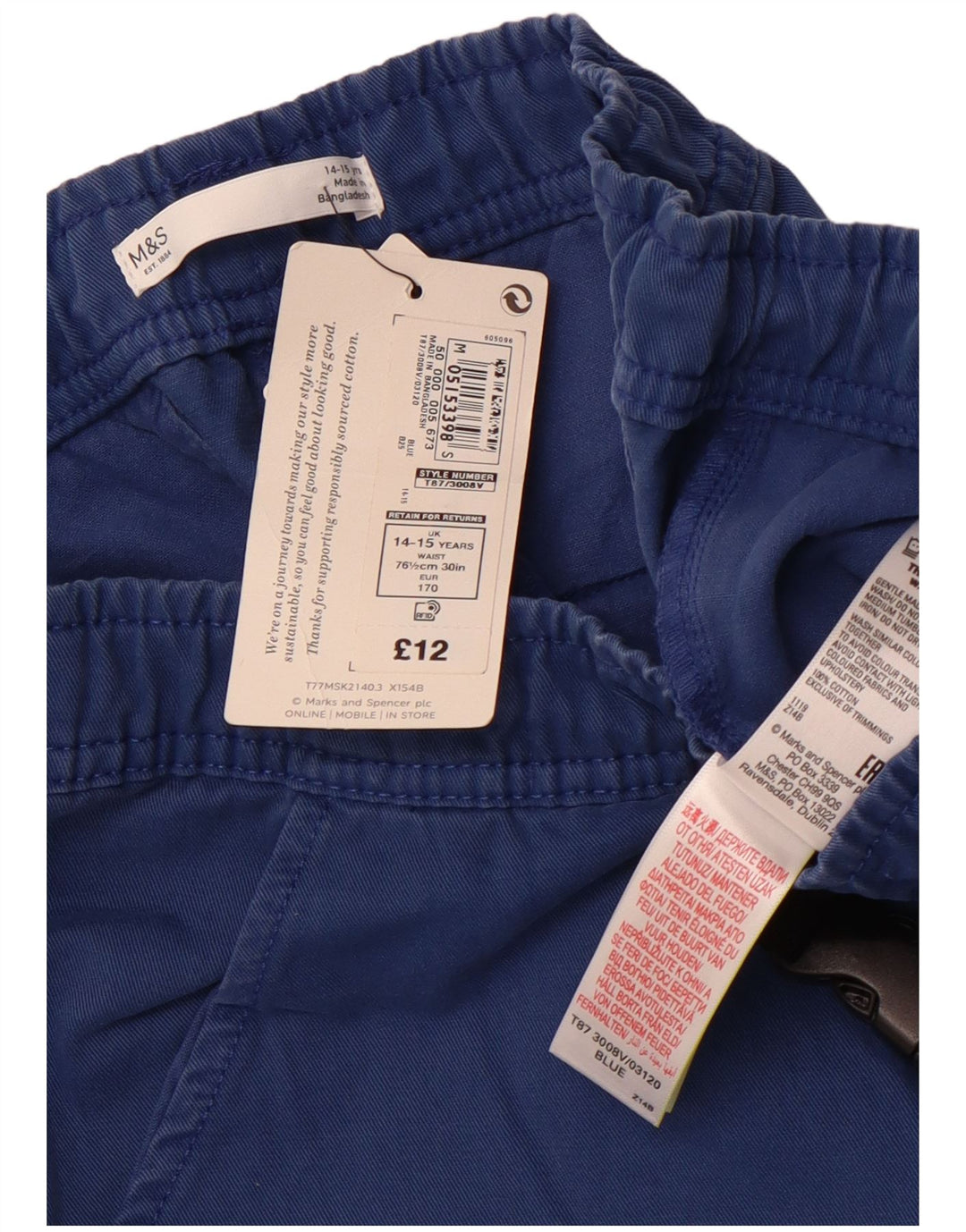 MARKS & SPENCER Boys Cargo σορτς 14-15 ετών W28 Μπλε βαμβακερό