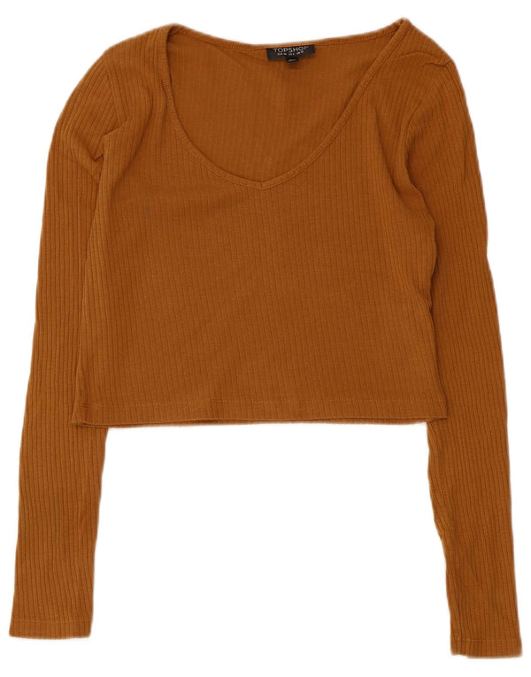 Zara Γυναικείο Crop Top Μακρυμάνικο UK 10 Small Brown Βαμβακερό