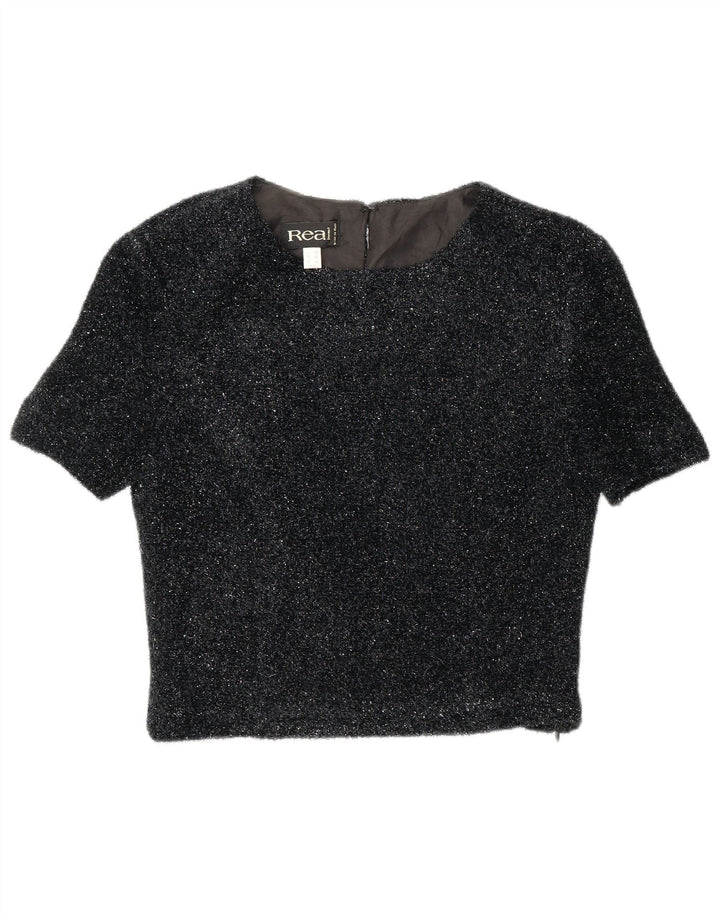 Vintage γυναικεία μπλούζα Crop Top EU 42 Large Black Flecked Polyester
