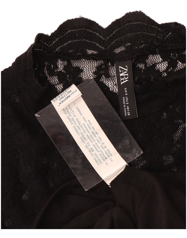 Zara Γυναικεία Δαντελένια Μπλούζα Τοπ UK 8 Small Black Floral Polyester