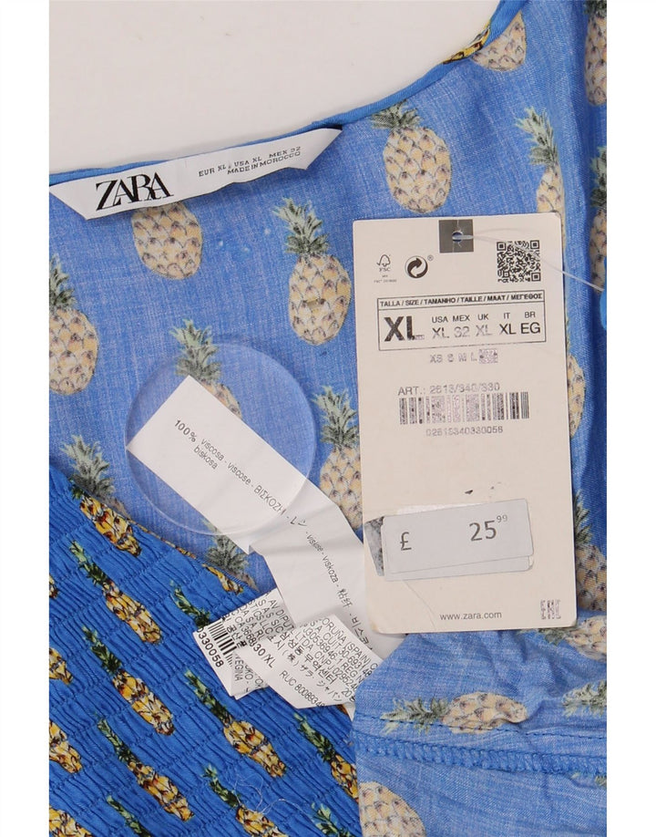 Zara Γυναικεία Abstract Pattern 3/4 Μπλούζα με μανίκια τοπ UK 18 XL μπλε βισκόζη