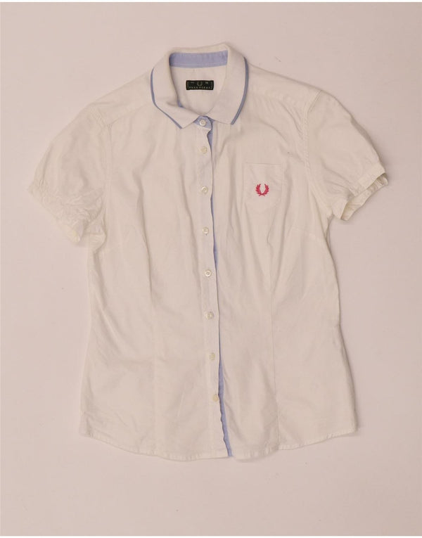 Fred Perry γυναικείο κοντομάνικο πουκάμισο κανονικής εφαρμογής UK 12 μεσαίο λευκό βαμβακερό