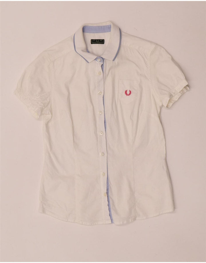 Fred Perry γυναικείο κοντομάνικο πουκάμισο κανονικής εφαρμογής UK 12 μεσαίο λευκό βαμβακερό