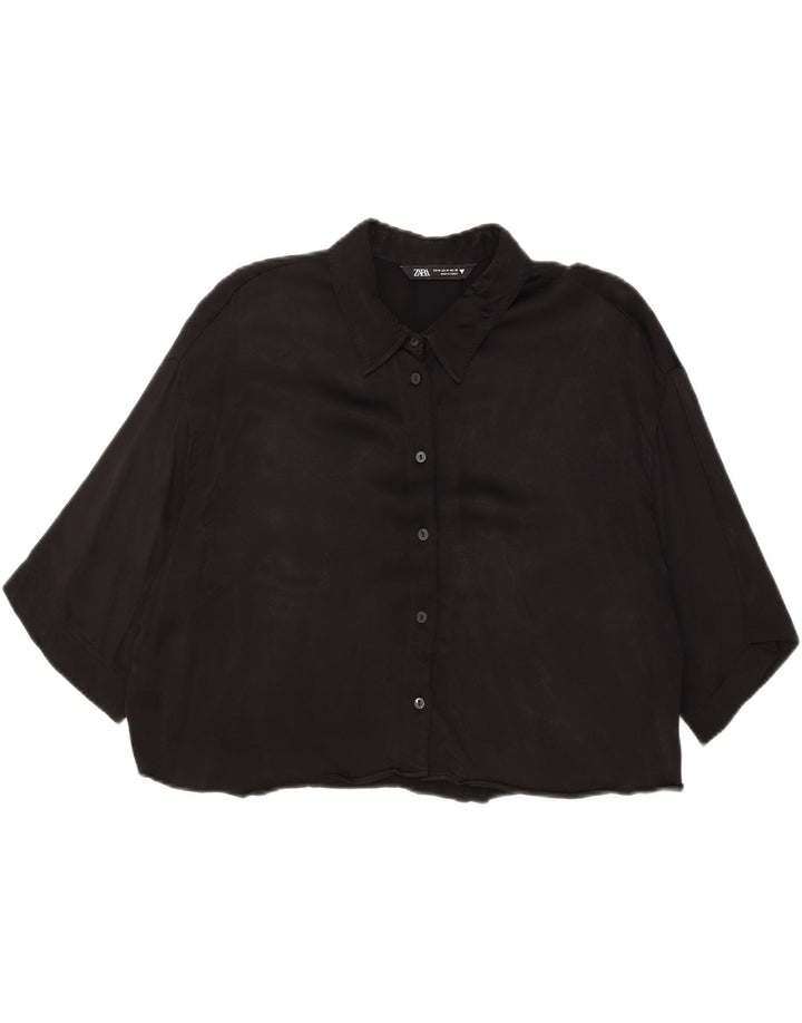 Zara Γυναικείο πουκάμισο 3/4 με μανίκια Crop μπλούζα UK 14 Medium Black
