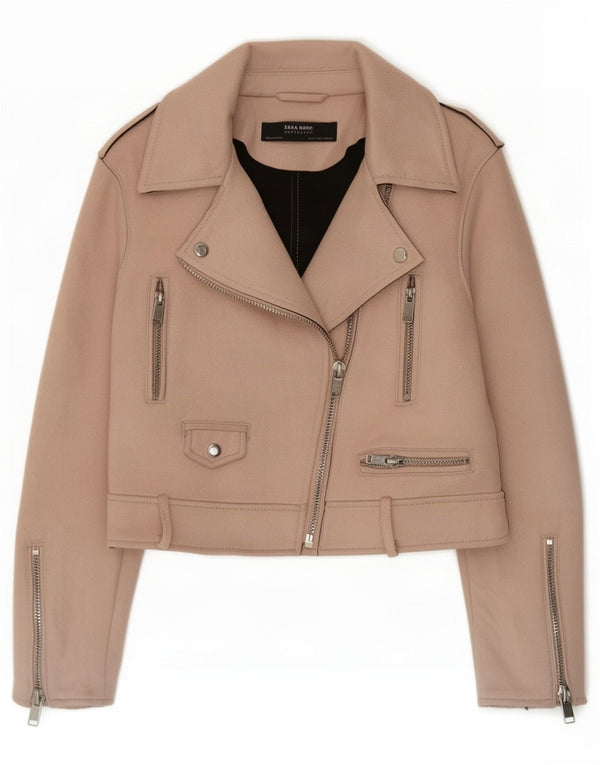 Zara Womens Crop Biker Jacket UK 14 Large Pink Polyester