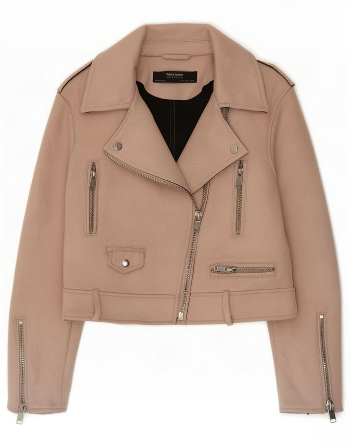 Zara Womens Crop Biker Jacket UK 14 Large Pink Polyester