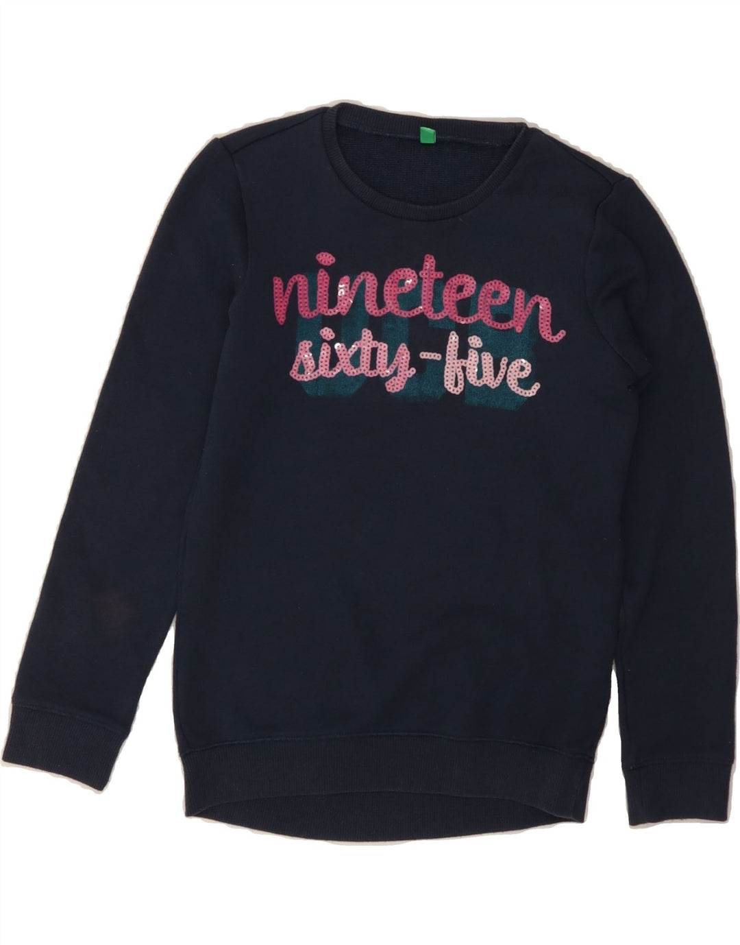BENETTON Girls Graphic Sweatshirt Jumper 7-8 Years Medium Navy Blue Vintage Benetton and Second-Hand Benetton from Messina Hembry 