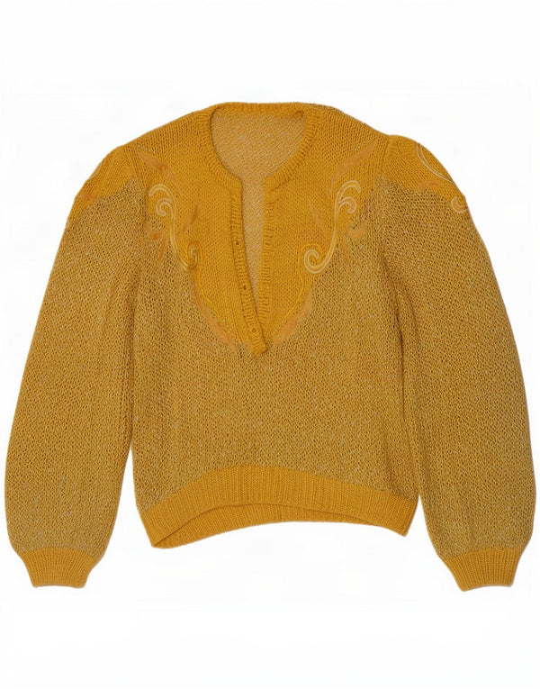Vintage γυναικείο πουλόβερ με λαιμό με κουμπιά UK 10 Small Yellow Retro
