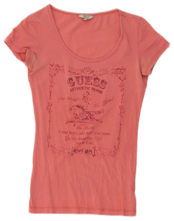 Guess Γυναικείο γραφικό T-Shirt Top UK 4 XS Ροζ Βαμβακερό