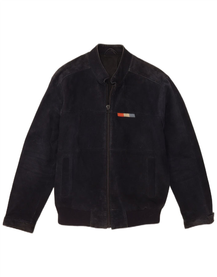 VINTAGE Ανδρικό Suede Bomber Jacket IT 50 Large Navy Blue Leather
