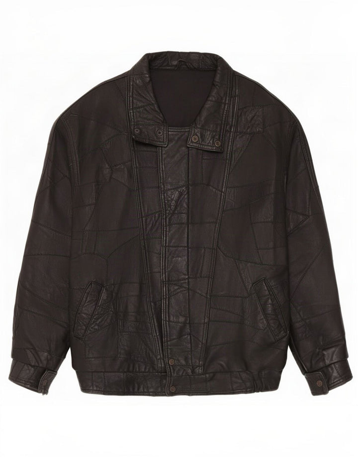 Vintage Ανδρικό Γραφικό Δερμάτινο Μπουφάν UK 40 Large Black Patchwork
