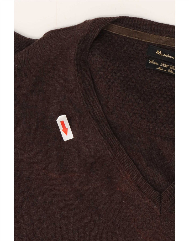 Ανδρικό πουλόβερ Massimo Dutti με V λαιμόκοψη, Μεσαίο Καφέ Βαμβακερό