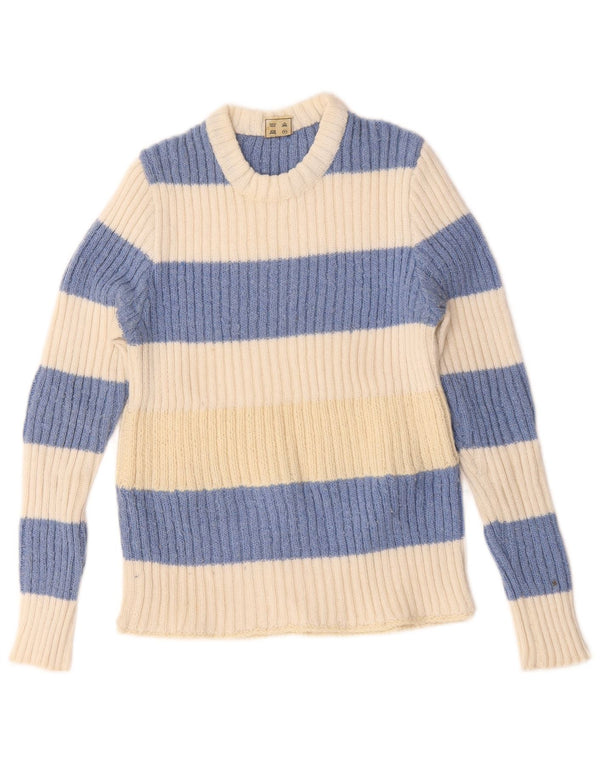 Vintage γυναικείο πουλόβερ με λαιμόκοψη UK 12 Medium Off White ριγέ