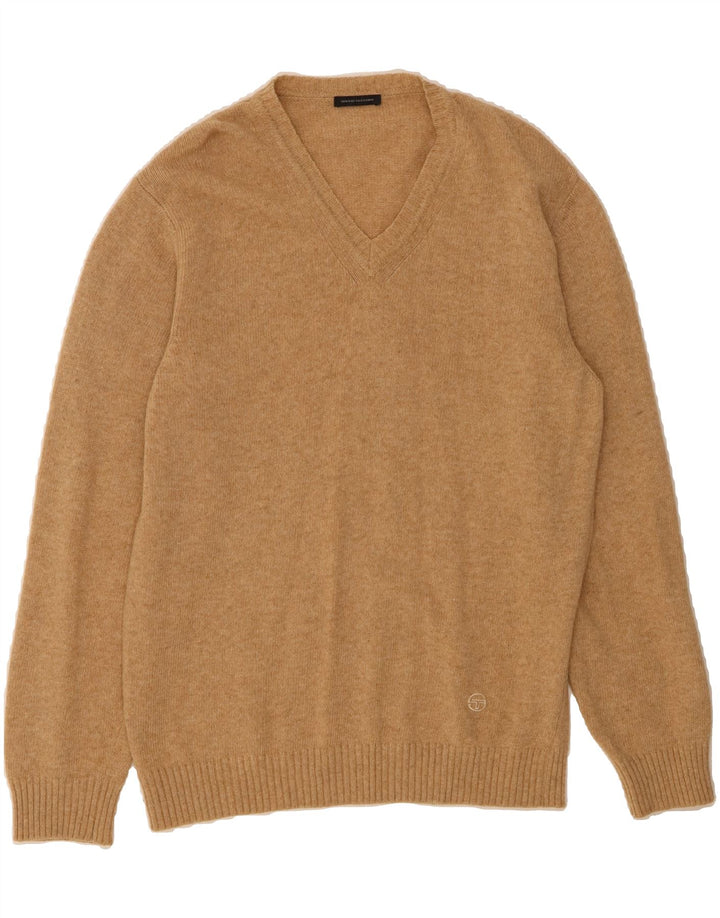 SERGIO TACCHINI Mens V-Neck Jumper Sweater Large Beige Wool Vintage Sergio Tacchini and Second-Hand Sergio Tacchini from Messina Hembry 