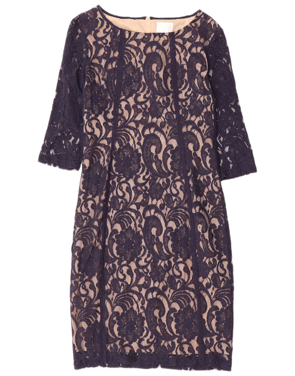 Vintage γυναικείο φόρεμα με δαντέλα με μανίκια 3/4 UK 14 Large Navy Blue Paisley
