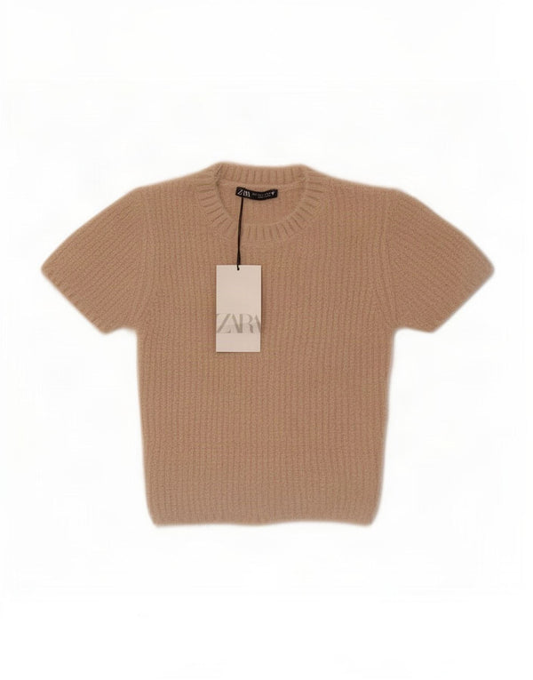 Zara γυναικείο πουλόβερ με κοντό μανίκι Crew λαιμόκοψη UK 8 Small Beige