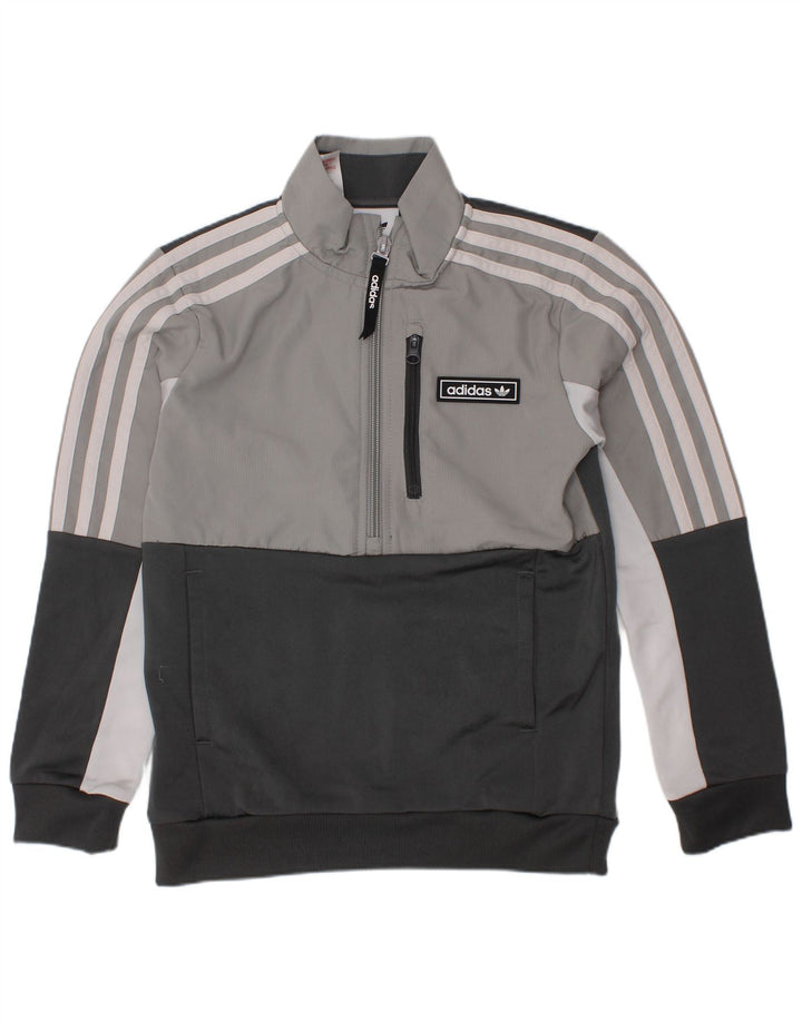 ADIDAS Boys Zip Neck Sweatshirt Jumper 7-8 Years Grey Colourblock