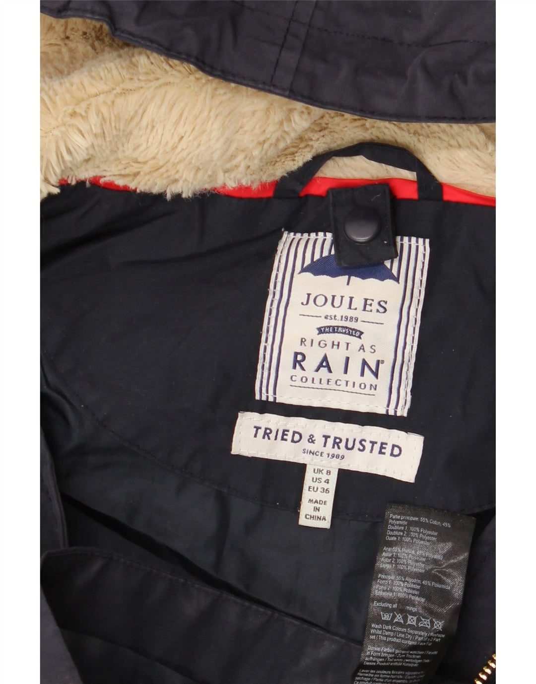 Joules Γυναικείο μπουφάν βροχής μεγάλου μεγέθους με κουκούλα UK 8 Μικρό Navy Blue από βαμβάκι