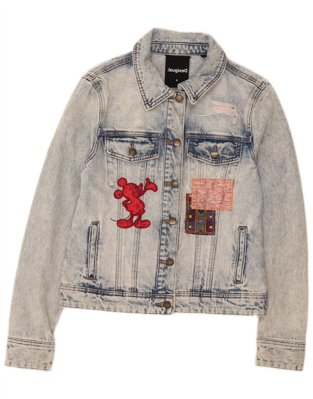 Desigual Γυναικείο Mickey Mouse γραφικό τζιν μπουφάν UK 10 μικρό μπλε βαμβακερό