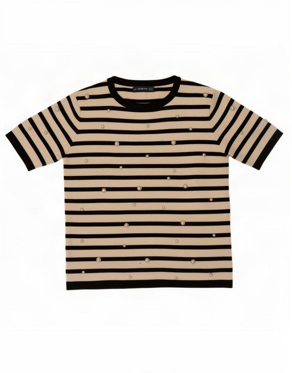 Zara Γυναικεία μπλούζα Crop Top UK 10 Small Off White ριγέ βισκόζη