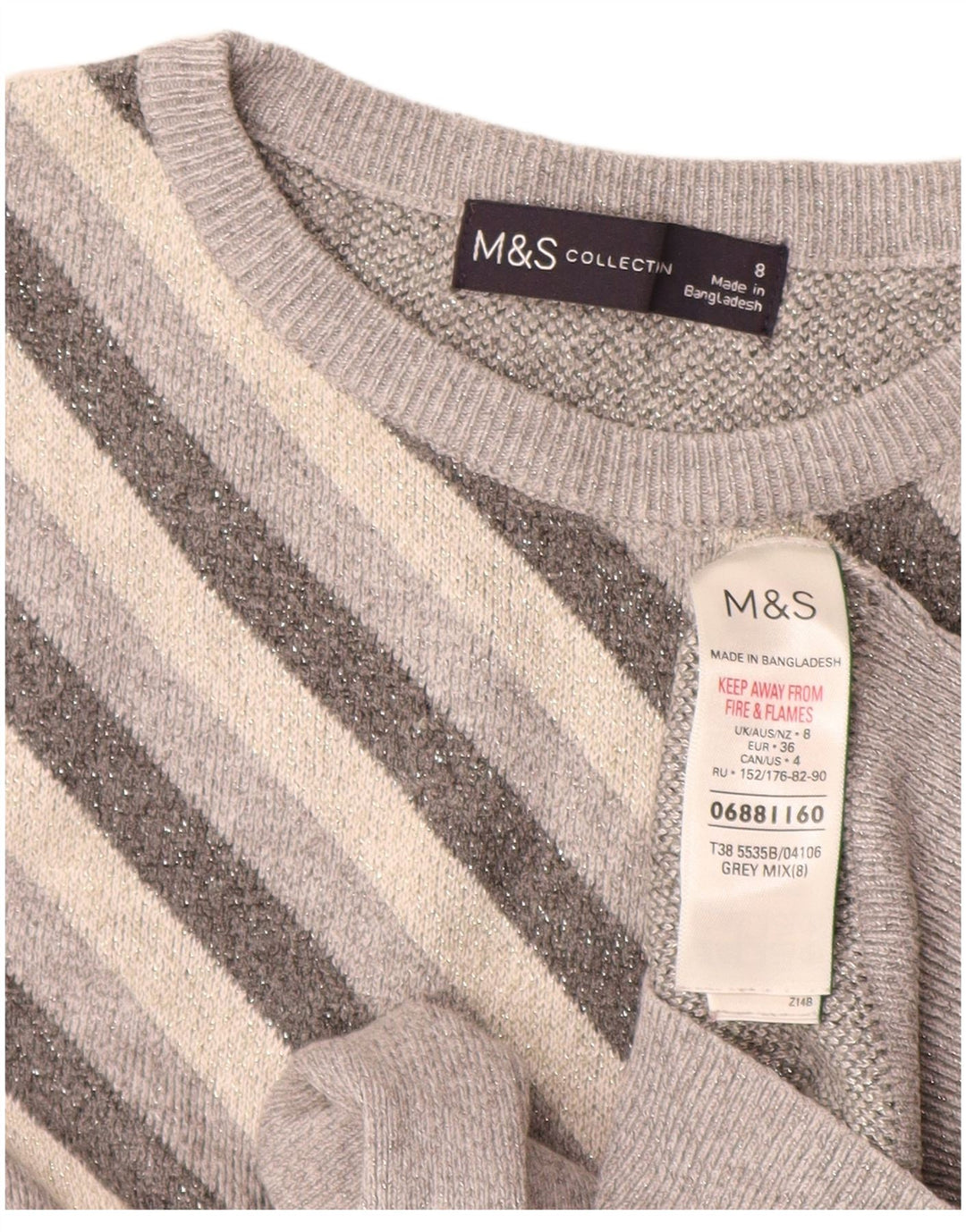 Marks & Spencer Γυναικείο πουλόβερ με λαιμόκοψη UK 8 Small Grey ριγέ