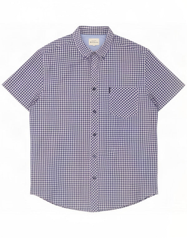 Ben Sherman Mens Short Sleeve Shirt Medium Blue Gingham Cotton