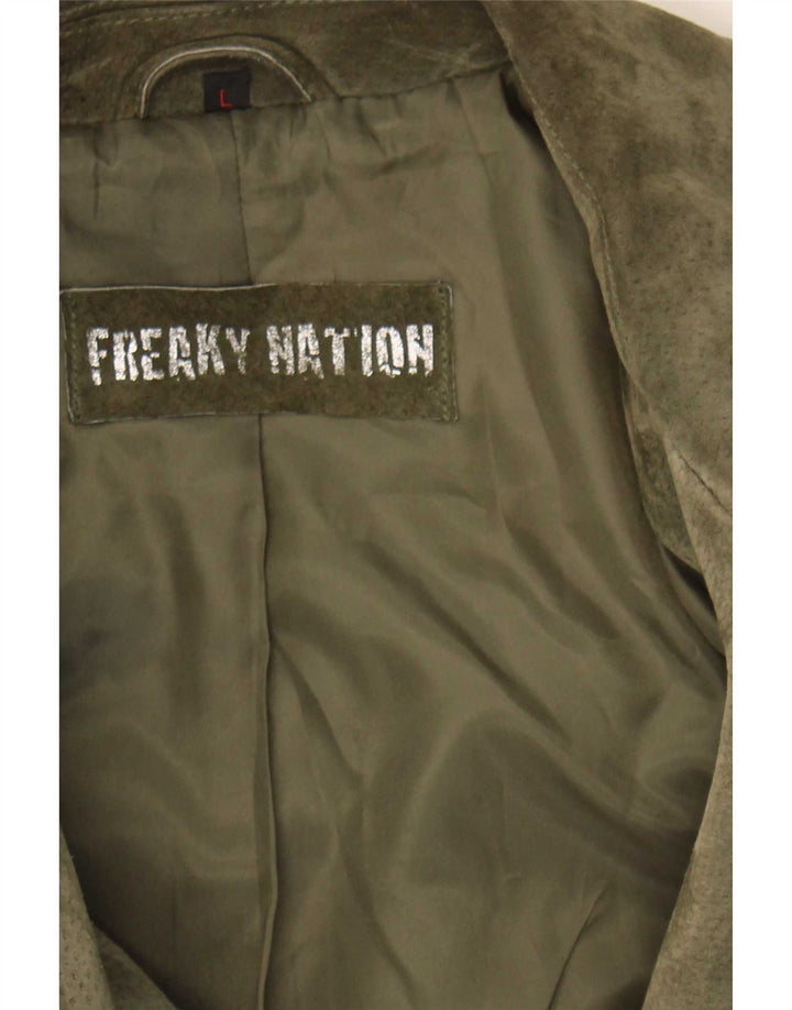 Freaky Nation Γυναικείο Suede Biker Jacket UK 14 Large Khaki Leather