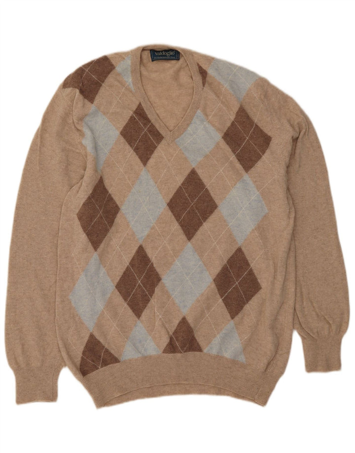 Ανδρικό πουλόβερ Valdoglio με V λαιμόκοψη XL Μπεζ Argyle/Diamond Wool