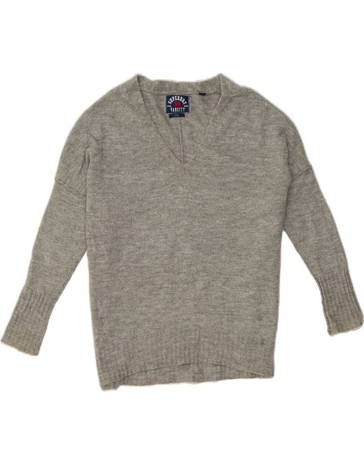 SUPERDRY Womens Oversized Longline V-Neck Jumper Sweater UK 10 Small Grey Vintage Superdry and Second-Hand Superdry from Messina Hembry 