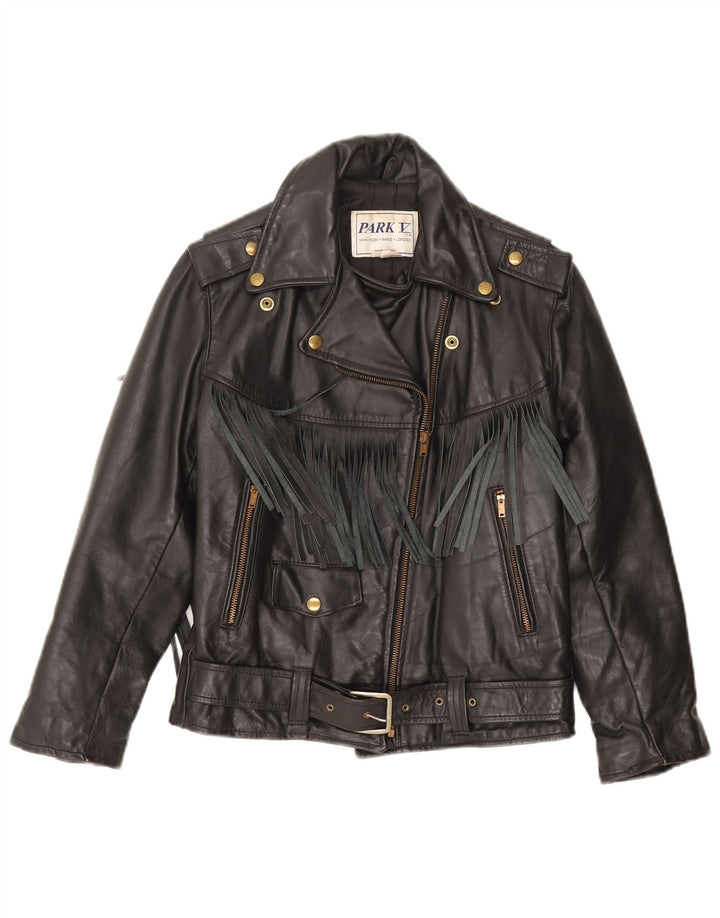 PARK V Girls Leather Biker Jacket 9-10 Years Μαύρο Δερμάτινο