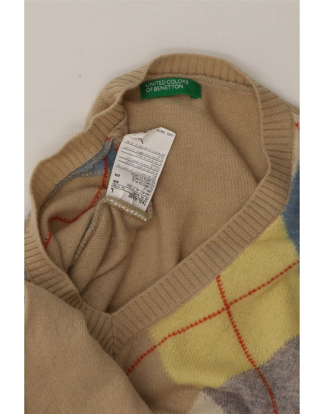 Ανδρικό πουλόβερ Benetton με λαιμόκοψη με λαιμόκοψη μεγάλο μπεζ Argyle/Diamond Wool