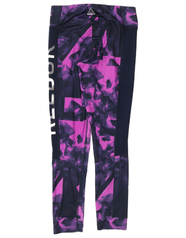 REEBOK Womens Graphic Leggings UK 12/14 Medium Navy Blue Geometric