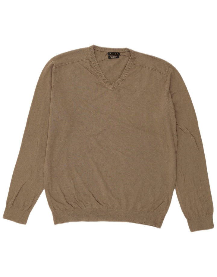 Massimo Dutti Ανδρικό πουλόβερ με λαιμόκοψη V-λαιμόκοψη μεγάλο βαμβακερό χακί