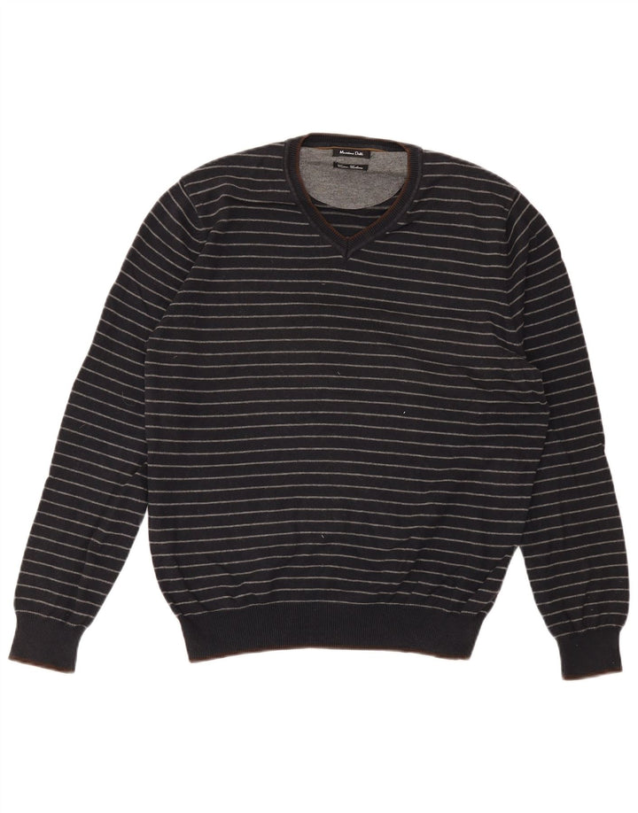 Massimo Dutti Ανδρικό πουλόβερ με λαιμόκοψη με λαιμόκοψη, μεσαίο μπλε ναυτικό βαμβακερό ριγέ